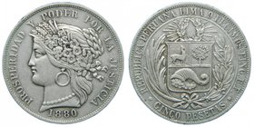 Peru 5 Pesetas 1880 BF (km#201.2) 24,9 gr Ag. REPUBLICA PERUANA LIMA.9 DECIMOS FINO.B.F. // B. // * CINCO DECIMOS *
Grado: mbc