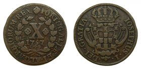 Portugal . 10 Reis (X; 1/2 Vinten) 1757 Jose I. cobre. (km#243.1)
Grado: mbc+