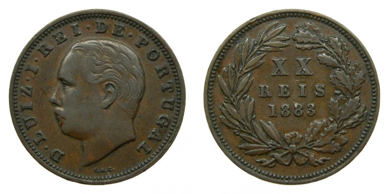 Portugal . 20 Reis . 1883 Luis I (km#527) Copper. AE. 
Grado: ebc-/mbc+