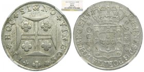 Portugal . 400 Reis (pinto 480 reis ) 1816 VINECS (error for Vinces) . Joannes VI (km#331) Silver. NGC MS63. Muy rara en esta conservación.
Grado: MS...