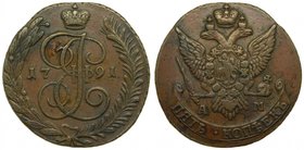 Russia 5 Kopeks. 1791 AM (C#59.2) Catherine II. 43 ø mm 51,48 gr copper. 
Grado: ebc