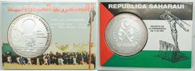 Saharawi Arab Democratic Republic. 5000 Pesetas 1997 . plata 999. 42 mm. Estuche original. no krause. Cervantes. 
Grado: sc