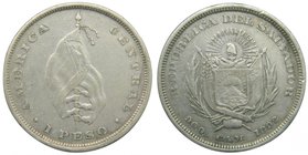 El Salvador . 1 Peso (Colon) 1892 Republica del Salvador (km#114) 24,91 gr Ag. 
Grado: mbc