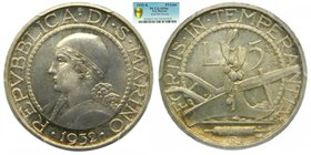 San Marino . 5 lire 1932 R (PRUEVA) (km#pr5) similar al km#9. silver. PCGS SP66 prova. muy rara. 
Grado: SP66