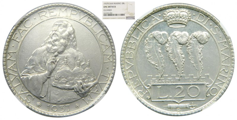 San Marino 20 Lire 1937 R, (Km#11a), mintage 5100. NGC UNC Details
Grado: UNC