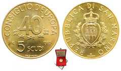 San Marino 5 Escudos 1989 (km#245) 17 gr Au 917 mls. 40 Consiglio d´Europa. caja y certificado. 
Grado: sc