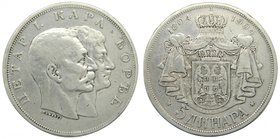 Serbia . 5 dinara. 1804-1904. Pedro I Centenario de los Karageorge (km#27) 24,86 gr Ag 
Grado: mbc