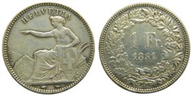 Suiza 1 Franc 1851 A (km#9) HELVETIA 4,95 gr ag. limpiado.
Grado: mbc