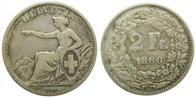 Suiza 2 Franc 1860 B (km#10) HELVETIA 9,9 gr ag. Switzerland Swiss Confederation
Grado: bc