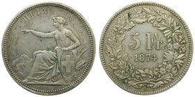 Suiza 5 Franc 1874 (km#11) HELVETIA 24,91 gr ag. Switzerland. 
Grado: bc+