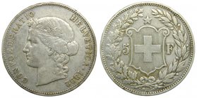 Suiza 5 Francs 1892 (km#34) 24,84 gr ag. Switzerland. CONFOEDERARIO HELVETICA
Grado: bc