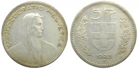 Suiza 5 Francs 1923 B (km#37) 24,94 gr Ag. 
Grado: mbc