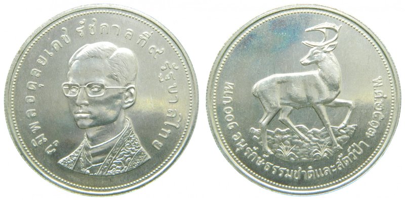 Thailandia. 100 baths. (2517 BE). 1974 (Km#Y103 ). Rama IX Ag. Wildlife Conserva...