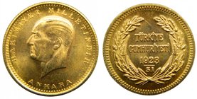 Turquia 100 Kurush. 1923-51 (km# 855 ). 7,22 gr Au 917 mls. Turkey gold. Head of Ataürk left.
Grado: ebc
