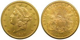 Estados Unidos 20 Dolares 1897 S San Francisco. (km#74.3) 33,47 gr AU. Twenty Dollars UNITED STATES OF AMERICA. marquitas. 
Grado: ebc+
