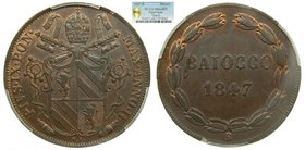 Vaticano Baiocco (1847) R . Pius IX. Year II. (km#1339.1) Copper. Italian States Papal States. PCGS MS64
Grado: MS64