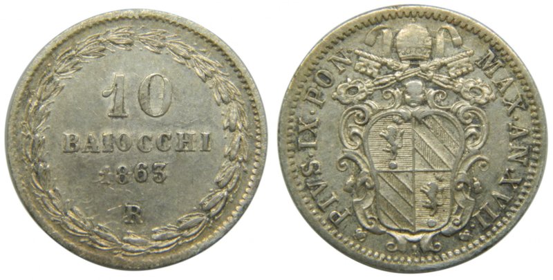 Vaticano 10 Baiocchi 1863 XVII R. Pius IX. 2,84 gr Ag. (km#1342b) Papal States
...