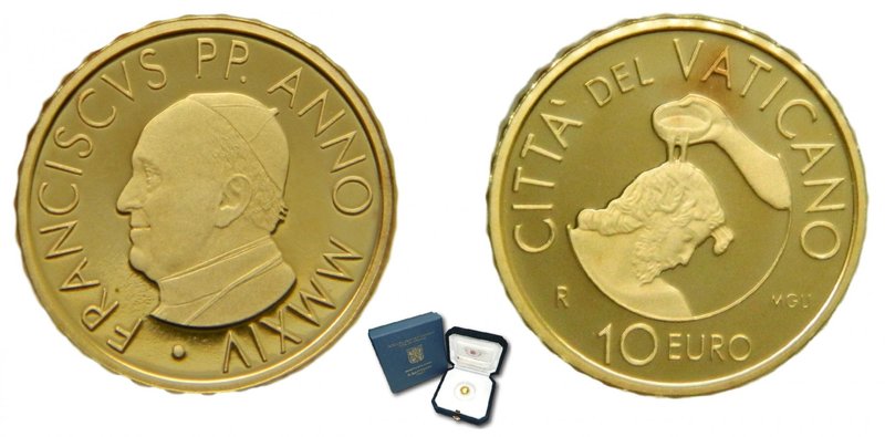 Vaticano 10 euro 2014. Pontificado de S.S Francesco. 
Peso: 3 gr Au 917/1000 Pr...