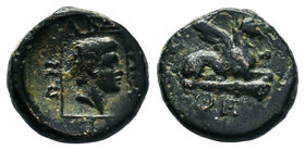 THRACE, Abdera. Circa 311-280 BC. Æ Dichalkon (13.70mm, 3.08 g, 12h). Euan-, magistrate. Gryphon crouching right on club; EYAN below / Head of Apollo ...