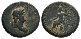 PHRYGIA. Acmoneia. Nero, 54-68. Hemiassarion, [NEPΩNA] CEBACTON AKMONEIC Laureate head of Nero to right; below; kerykeion; to right, countermark: Askl...