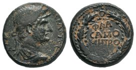 Hadrian Æ19 of Samosata, Commagene. AD 117-138. ΑΔΡΙΑΝΟC CEΒΑCΤΟC, laureate head right / ΦΛΑ CAMO MHTPO KOM in four lines within wreath. SNG Copenhage...