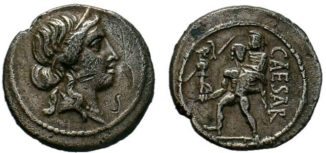 "Julius Caesar. Late 48-47 BC. AR Denarius (20mm, 4.10 g, 5h). Military mint tra...