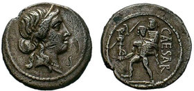"Julius Caesar. Late 48-47 BC. AR Denarius (20mm, 4.10 g, 5h). Military mint traveling with Caesar in North Africa. Diademed head of Venus right / Aen...