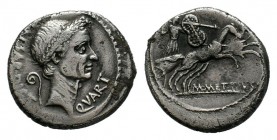 Julius Caesar. January 44 BC. AR Denarius (17mm, 3.67g, 12h). Rome mint. M. Mettius, moneyer. Wreathed head right; behind, lituus left and CAESAR • DI...