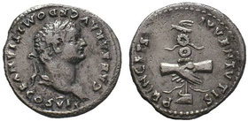 Domitian caesar, 69 – 81 AD. CAESAR AVG F DOMITIANVS COS VI Laureate head r. Rev. PRINCEPS – IVVENTVTIS Two clasped hands holding eagle set on prow. C...