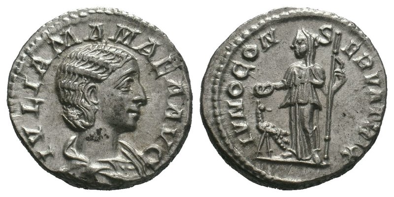 Julia Mamaea (+235) - AR Denarius (Rome, 222, )- Draped bust right / Juno stg. l...
