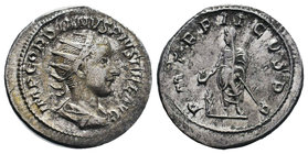 Gordian III AR Antoninianus. AD 240. P M TR P II COS P P, Emperor, togate and veiled, standing facing, head left, sacrificing out of patera in right h...