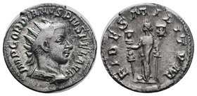 Gordian III AR Antoninianus. AD 238-239. FIDES MILITVM, Fides standing left, holding standards. RIC 209b. 

Condition: Very Fine

Weight: 2.81gr
Diame...