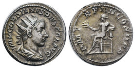 Gordian III AR Antoninianus. AD 238-239. P M – TR P III COS II P P Apollo seated l., holding branch in r. hand and resting l. elbow on lyre. C 238. RI...