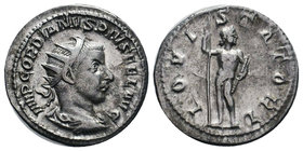 Gordian III AR Antoninianus. AD 238-239. Jupiter standing l., head r., holding sceptre and thunderbolt. RIC 112; 

Condition: Very Fine

Weight: 3.97g...