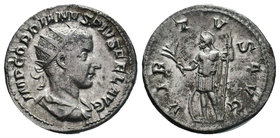 Gordian III AR Antoninianus. AD 238-239. Virtus standing left, holding branch and reversed spear; shield leaning against leg. RIC IV

Condition: Very ...