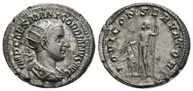 Gordian III AR Antoninianus. AD 238-239. Jupiter standing front, head l., holding thunderbolt in r. hand over Gordian standing l. and vertical sceptre...
