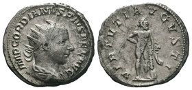 Gordian III AR Antoninianus. AD 238-239. Hercules standing right, resting right hand on hip and left leaning on club set on rock, lion-skin beside. RI...