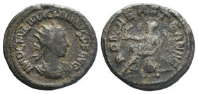 Macrianus, usurper, 260-261. Antoninianus, Jupiter seated left, holding patera in his right hand and a long scepter with his left; to left at feet, ea...