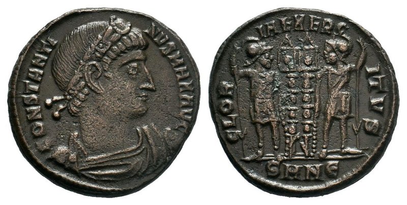 Constantine I. A.D. 307/10-337. AE , GLOR-IA EXERC-ITVS, two soldiers standing, ...