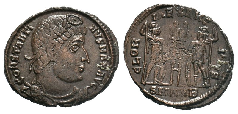 Constantine I. A.D. 307/10-337. AE , GLOR-IA EXERC-ITVS, two soldiers standing, ...