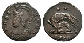 Constantine I Commemorative Æ Follis. hERACLEA, AD 334-335. Helmeted and mantled bust of Roma left / She-wolf standing left, suckling the twins Romulu...
