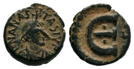 Anastasius I, Pentanummium, 491-518 AD. 12-17mm. Constantinople. DN ANASTASIVS PP AVG, pearl diademed, draped, cuirassed bust right / Large epsilon, s...