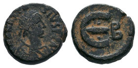 Anastasius I, Pentanummium, 491-518 AD. 12-17mm. Constantinople. DN ANASTASIVS PP AVG, pearl diademed, draped, cuirassed bust right / Large epsilon, s...