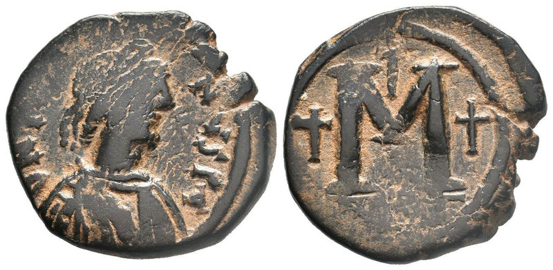 Justin I and Justinian I, AE Follis. 527 AD. Nicomedia. DN IVSTIN IVSTINIA, pear...