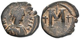 Justin I and Justinian I, AE Follis. 527 AD. Nicomedia. DN IVSTIN IVSTINIA, pearl diademed, draped, cuirassed bust right / Large M, cross to left, cro...