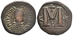 Justin I and Justinian I, AE Follis. 527 AD. BARBARIC MINT. CON. DN IVSTIN IVSTINIA, pearl diademed, draped, cuirassed bust right / Large M, STAR to l...