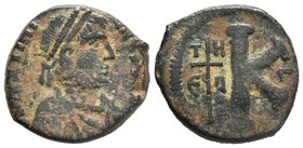 Justinian I, AE Half-Follis. Antioch. DN IVSTINIANVS PP AVG, pearl diademed, draped, cuirassed bust right / Large K, long cross to left with T/H- E/U/...