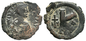 Justin I, Cyzicus, AE half-follis. 21mm, 7.41g. DN IVSTINVS PP AVG, pearl diademed, draped, cuirassed bust right / Large K, K-cross-Y to left, star ab...