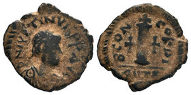Justin I AE Decanummium. 518-527 AD. Constantinople. DN IVSTINVS PP AVG, pearl diademed, draped, cuirassed bust right / Large I, star to left, cross a...