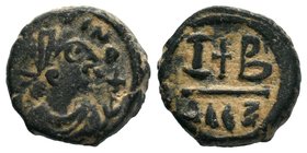 Justinian I, AE 12 nummi, 527-565 AD, Alexandria. DN IVSTINIANVS PP AVG, pearl diademed, draped, cuirassed bust right / Large I-cross-B, mintmark AΛEZ...